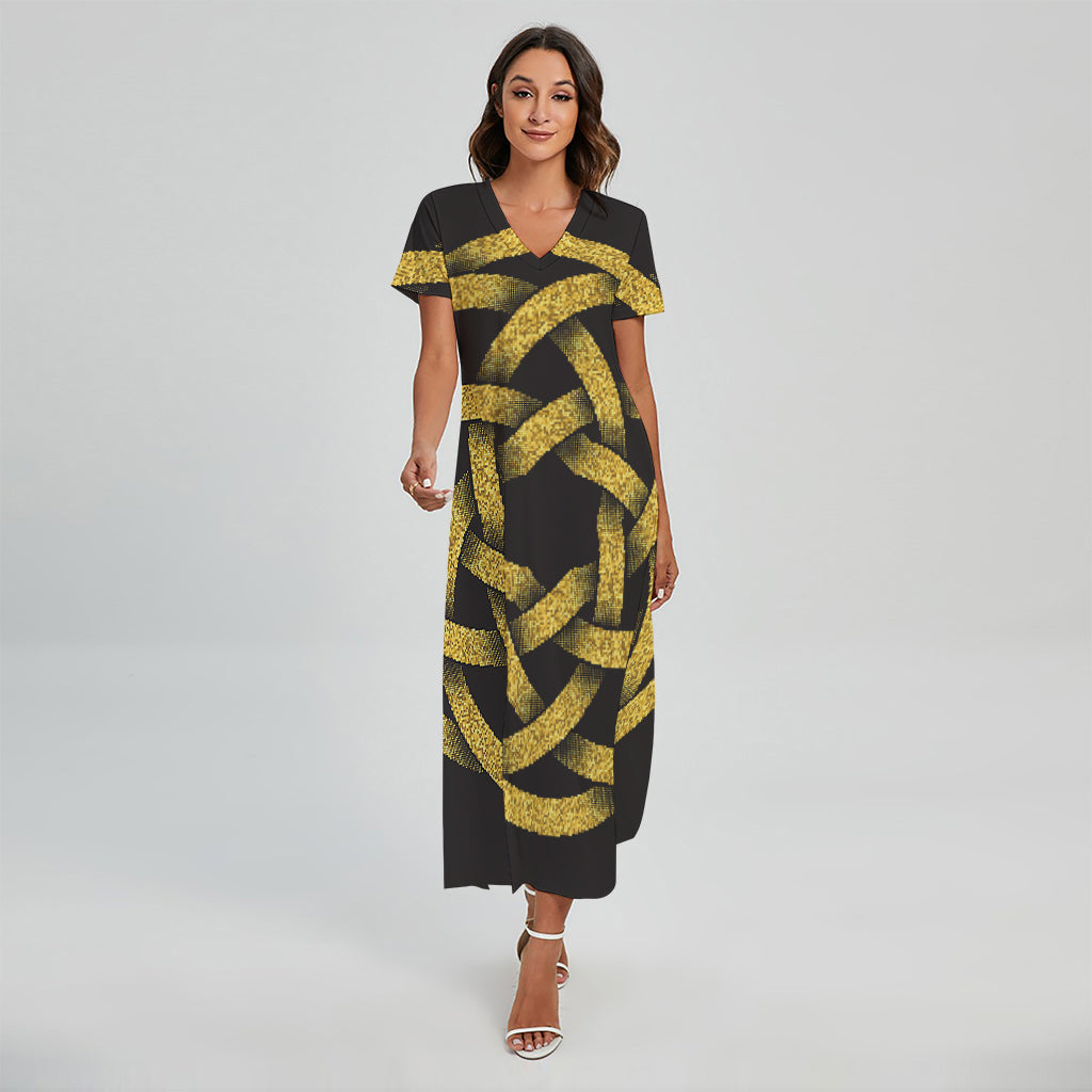 Gold Circle Celtic Knot Symbol Print Short Sleeve Maxi Dress