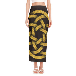 Gold Circle Celtic Knot Symbol Print Side Slit Maxi Skirt