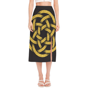 Gold Circle Celtic Knot Symbol Print Side Slit Midi Skirt