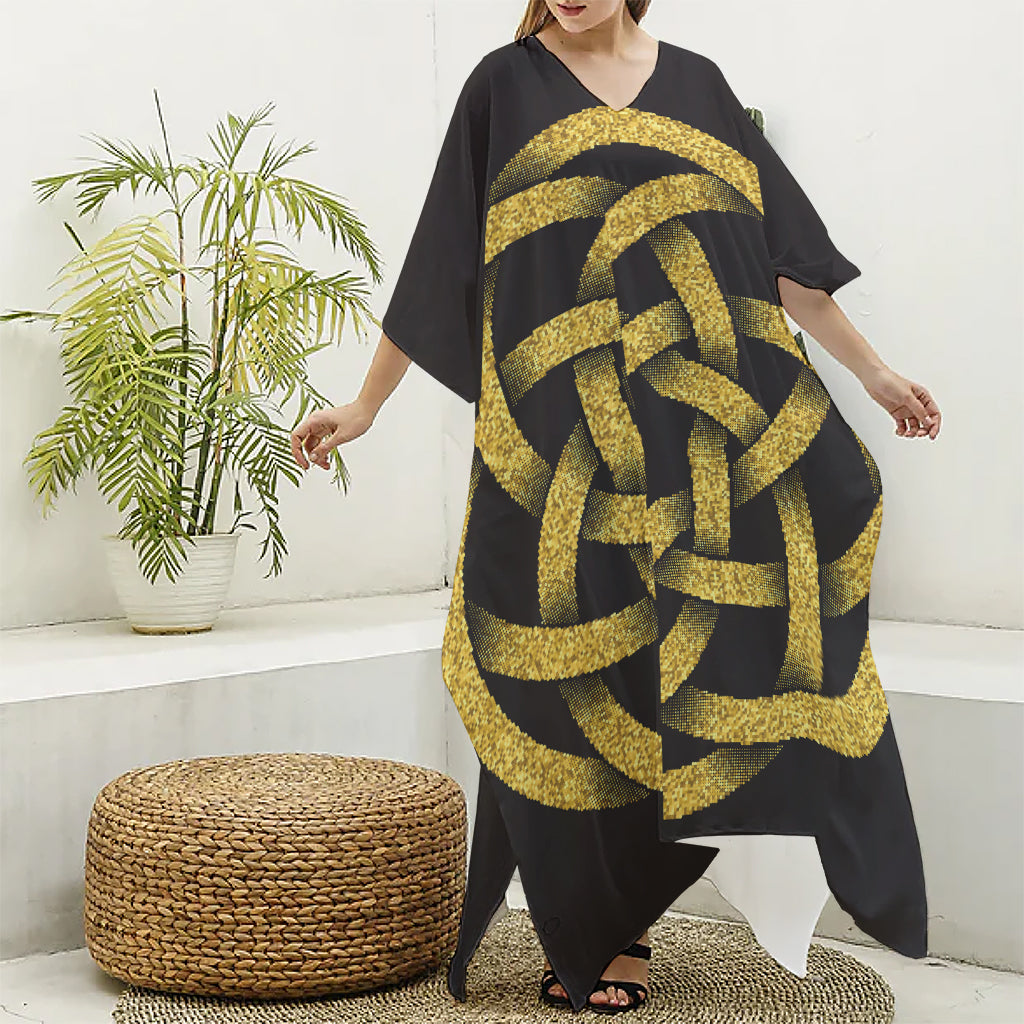 Gold Circle Celtic Knot Symbol Print Silk V-Neck Kaftan Dress