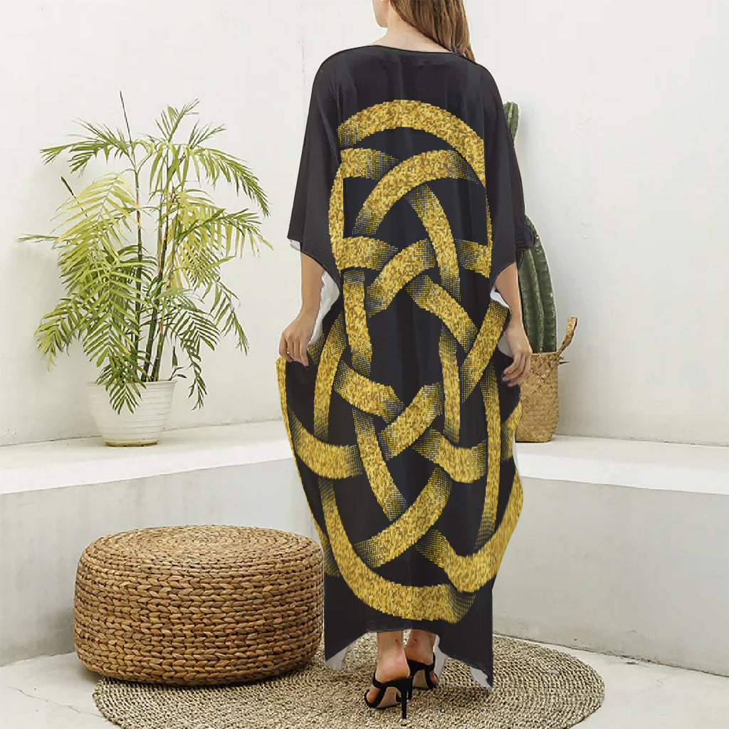 Gold Circle Celtic Knot Symbol Print Silk V-Neck Kaftan Dress