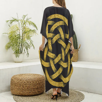 Gold Circle Celtic Knot Symbol Print Silk V-Neck Kaftan Dress