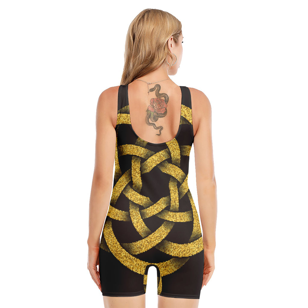 Gold Circle Celtic Knot Symbol Print Sleeveless One Piece Swimsuit