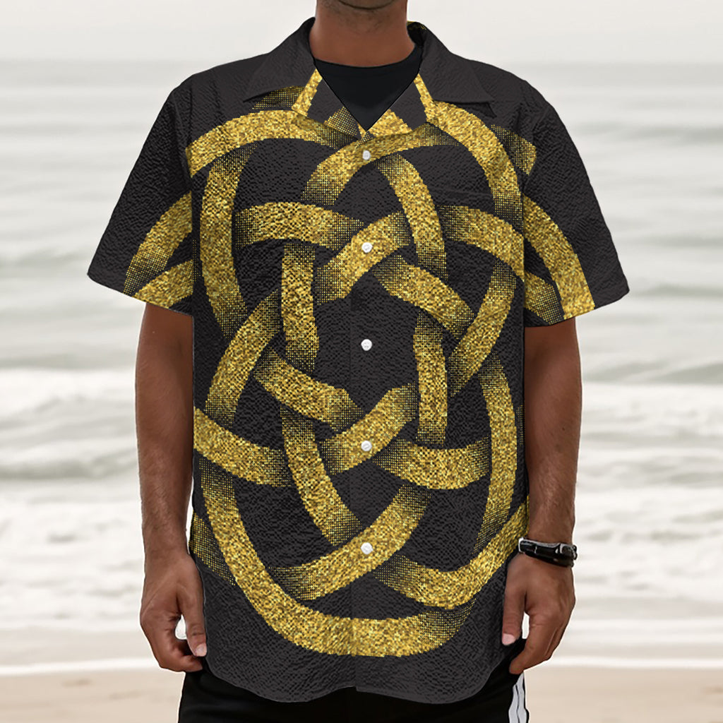 Gold Circle Celtic Knot Symbol Print Textured Short Sleeve Shirt