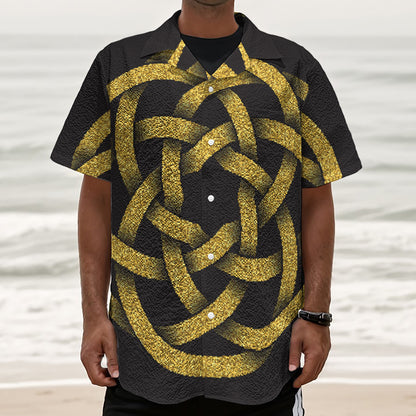 Gold Circle Celtic Knot Symbol Print Textured Short Sleeve Shirt