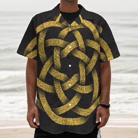 Gold Circle Celtic Knot Symbol Print Textured Short Sleeve Shirt