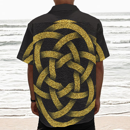 Gold Circle Celtic Knot Symbol Print Textured Short Sleeve Shirt