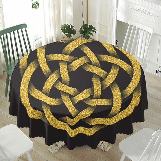 Gold Circle Celtic Knot Symbol Print Waterproof Round Tablecloth