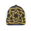Gold Circle Celtic Knot Symbol Print White Mesh Trucker Hat