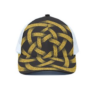 Gold Circle Celtic Knot Symbol Print White Mesh Trucker Cap