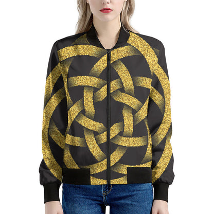 Gold Circle Celtic Knot Symbol Print Women's Bomber Jacket