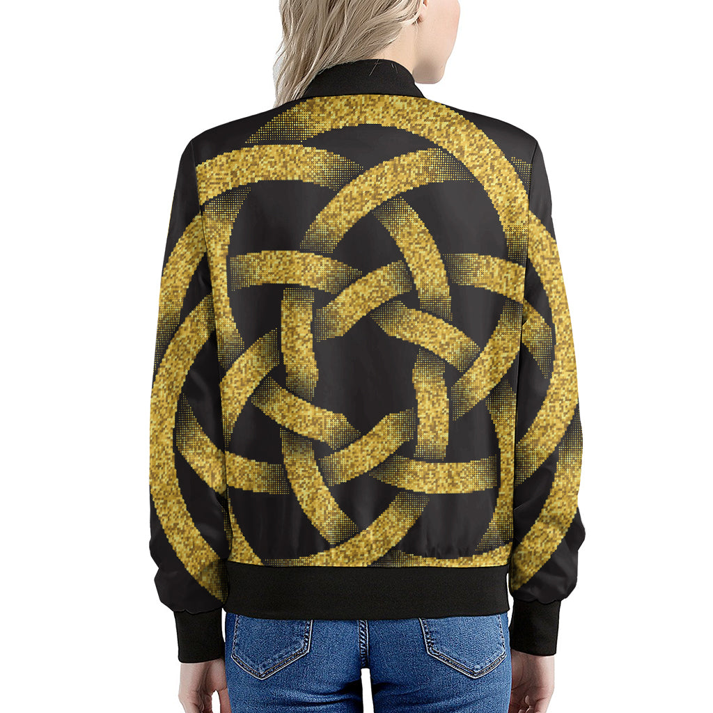 Gold Circle Celtic Knot Symbol Print Women's Bomber Jacket
