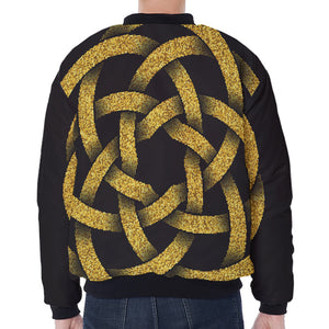 Gold Circle Celtic Knot Symbol Print Zip Sleeve Bomber Jacket