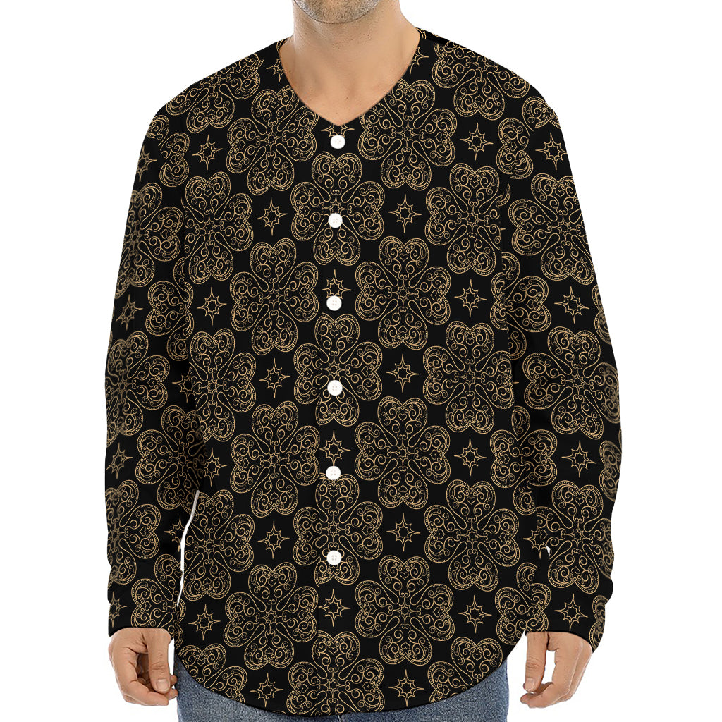 Gold Clover St. Patrick's Day Print Long Sleeve Baseball Jersey