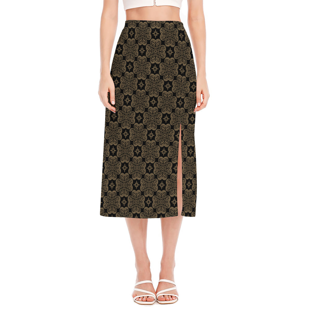 Gold Clover St. Patrick's Day Print Side Slit Midi Skirt
