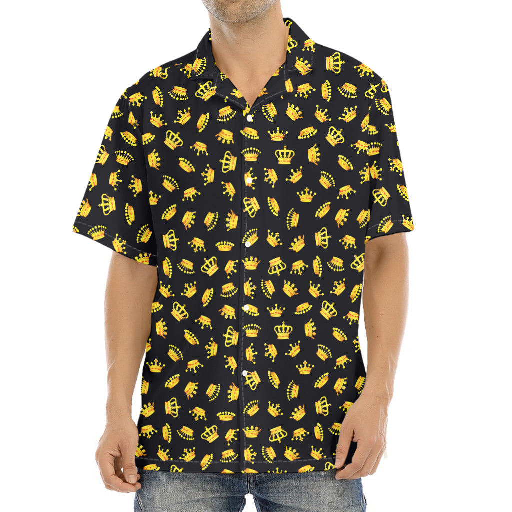 Gold Crown Pattern Print Aloha Shirt