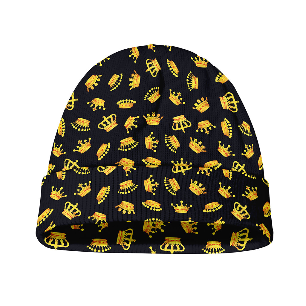 Gold Crown Pattern Print Beanie