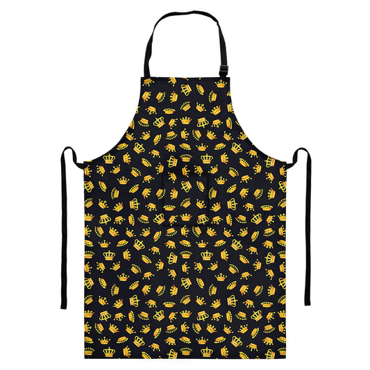 Gold Crown Pattern Print Bib Apron With Pocket