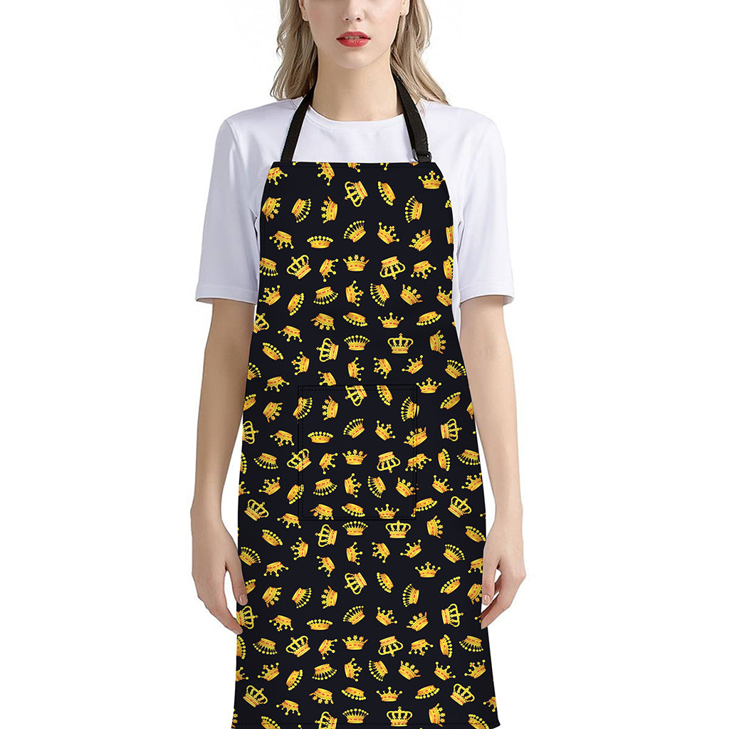Gold Crown Pattern Print Bib Apron With Pocket