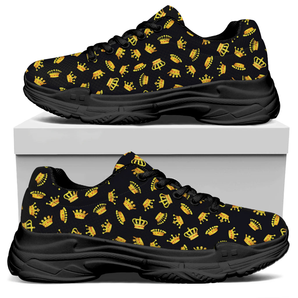 Gold Crown Pattern Print Black Chunky Shoes