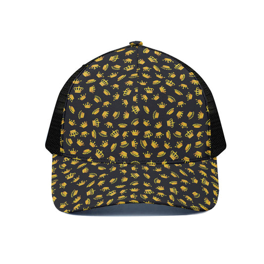 Gold Crown Pattern Print Black Mesh Trucker Cap