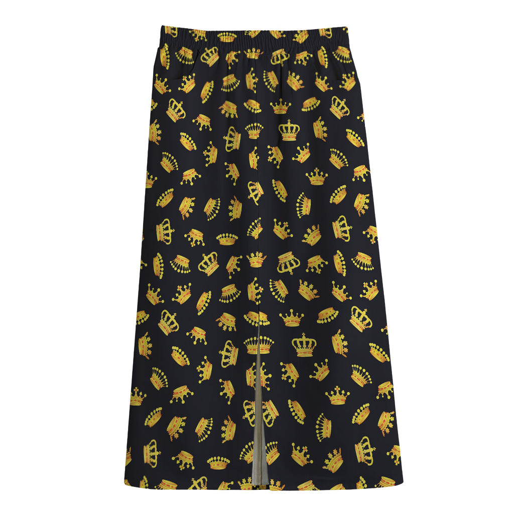 Gold Crown Pattern Print Cotton Front Slit Maxi Skirt