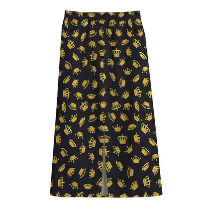 Gold Crown Pattern Print Cotton Front Slit Maxi Skirt