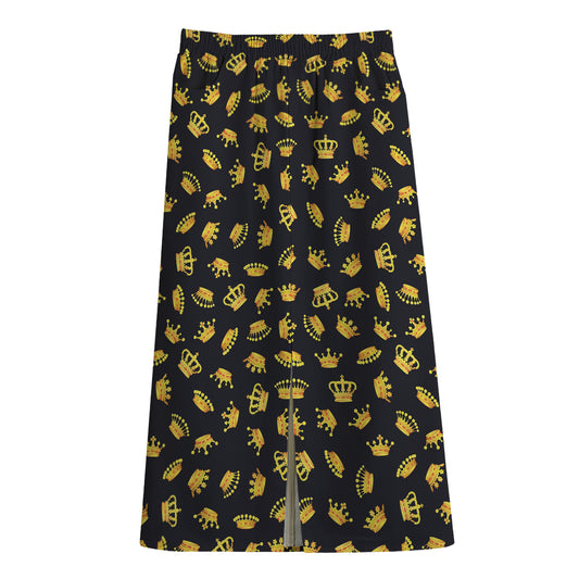 Gold Crown Pattern Print Cotton Front Slit Maxi Skirt