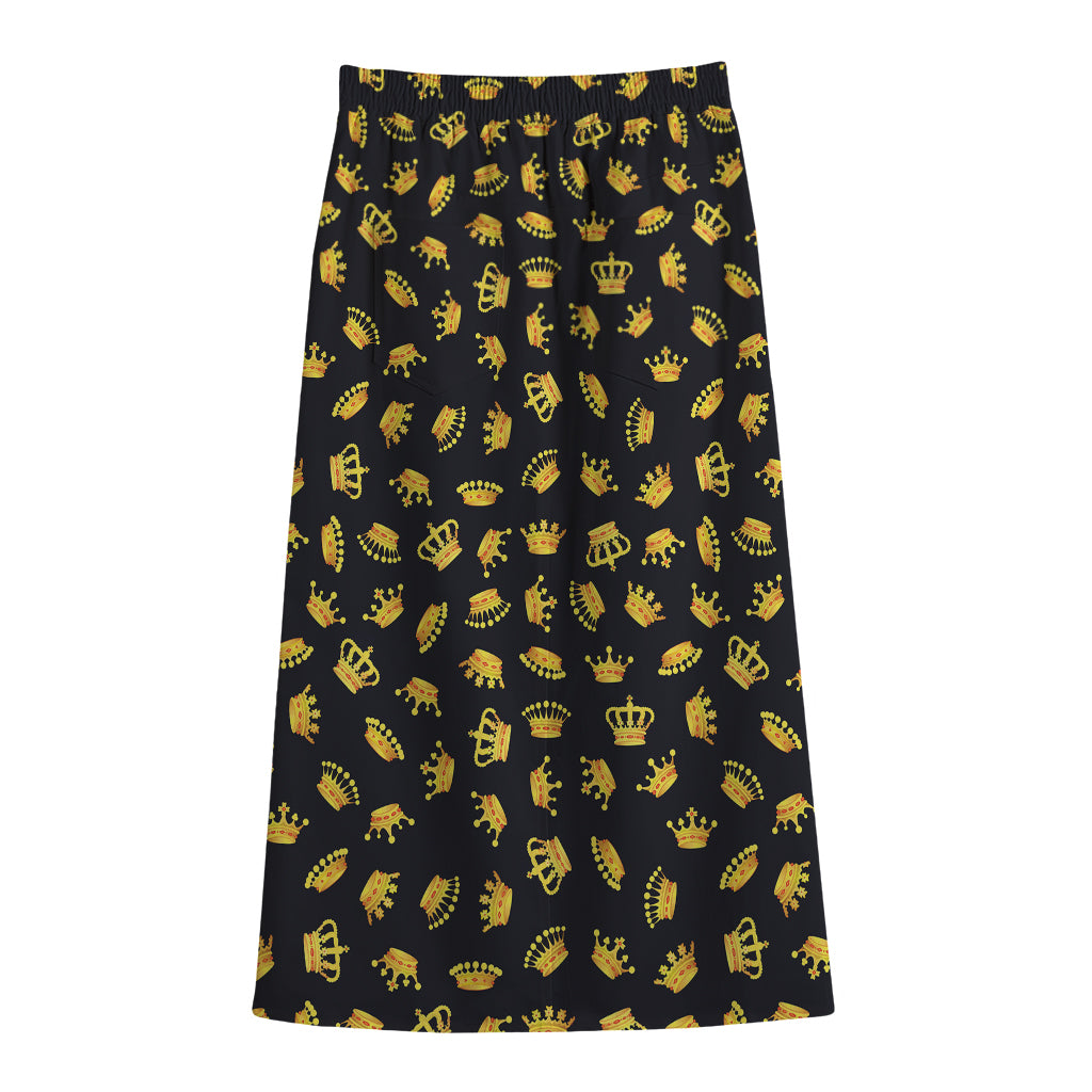 Gold Crown Pattern Print Cotton Front Slit Maxi Skirt
