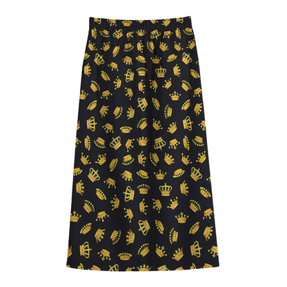 Gold Crown Pattern Print Cotton Front Slit Maxi Skirt