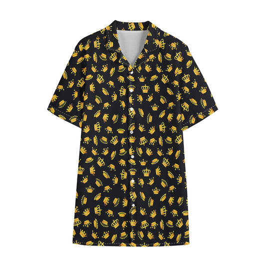 Gold Crown Pattern Print Cotton Hawaiian Shirt