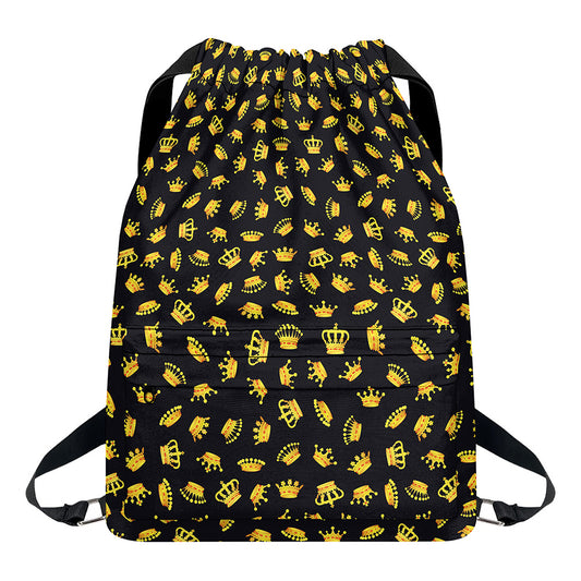 Gold Crown Pattern Print Drawstring Backpack