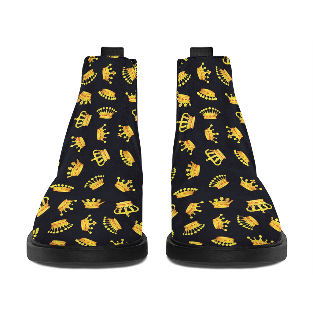 Gold Crown Pattern Print Flat Ankle Boots
