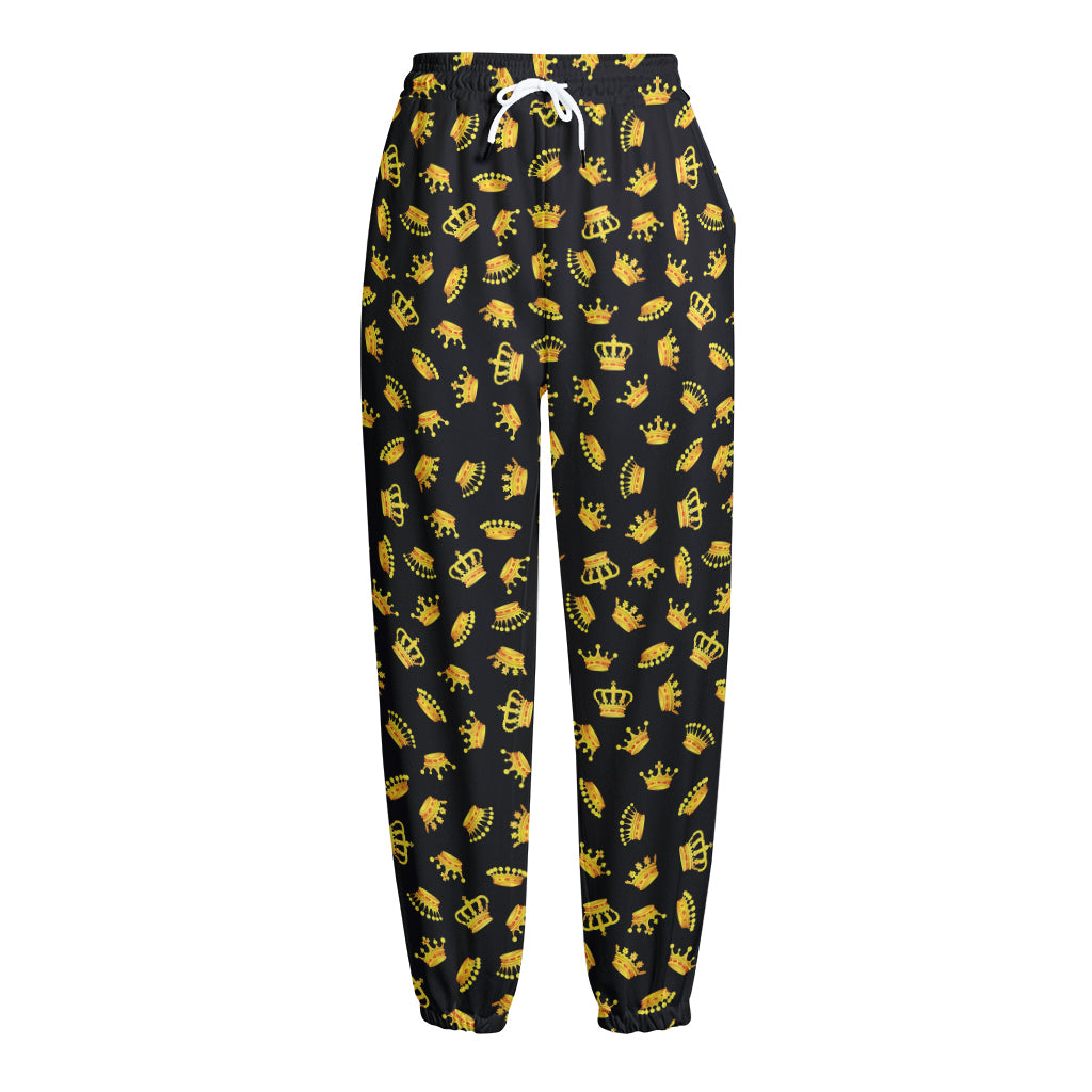 Gold Crown Pattern Print Fleece Lined Knit Pants