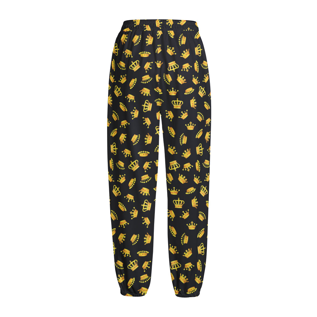 Gold Crown Pattern Print Fleece Lined Knit Pants