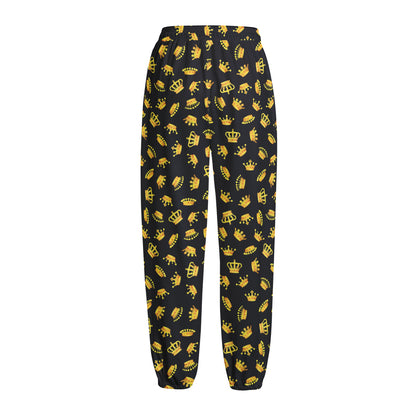 Gold Crown Pattern Print Fleece Lined Knit Pants