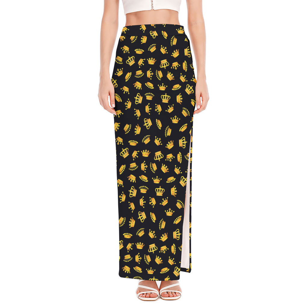 Gold Crown Pattern Print High Slit Maxi Skirt