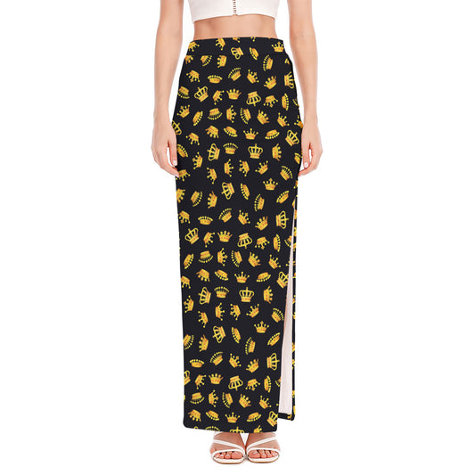 Gold Crown Pattern Print High Slit Maxi Skirt