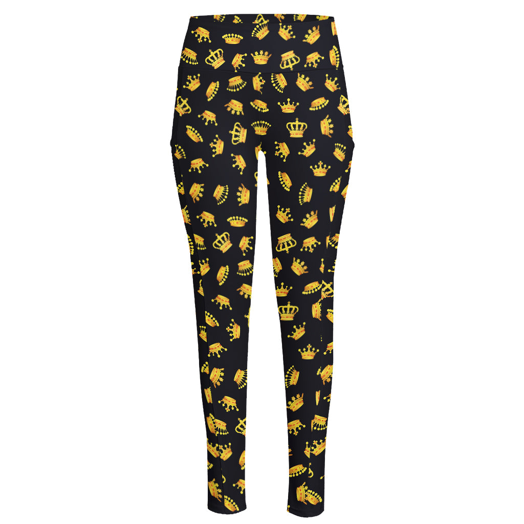 Gold Crown Pattern Print High-Waisted Pocket Leggings
