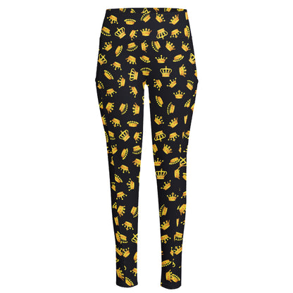 Gold Crown Pattern Print High-Waisted Pocket Leggings