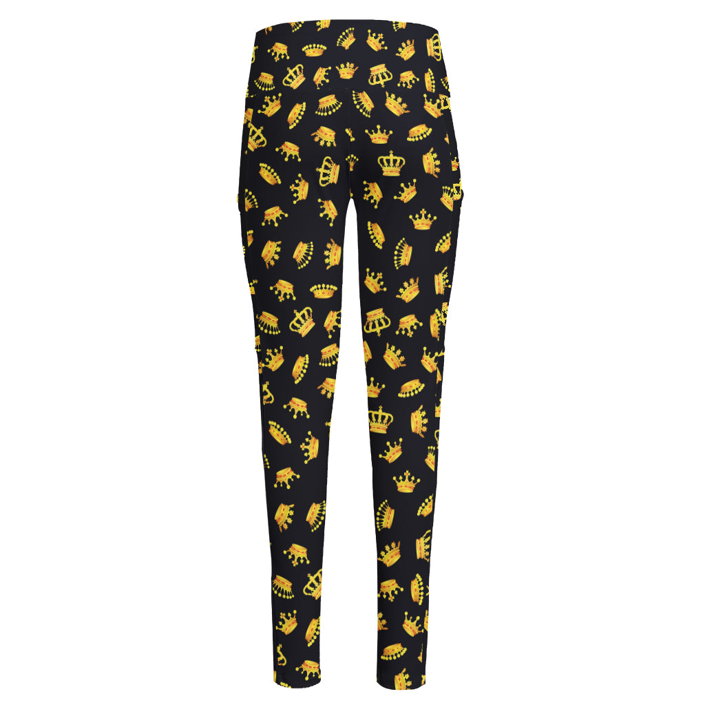Gold Crown Pattern Print High-Waisted Pocket Leggings