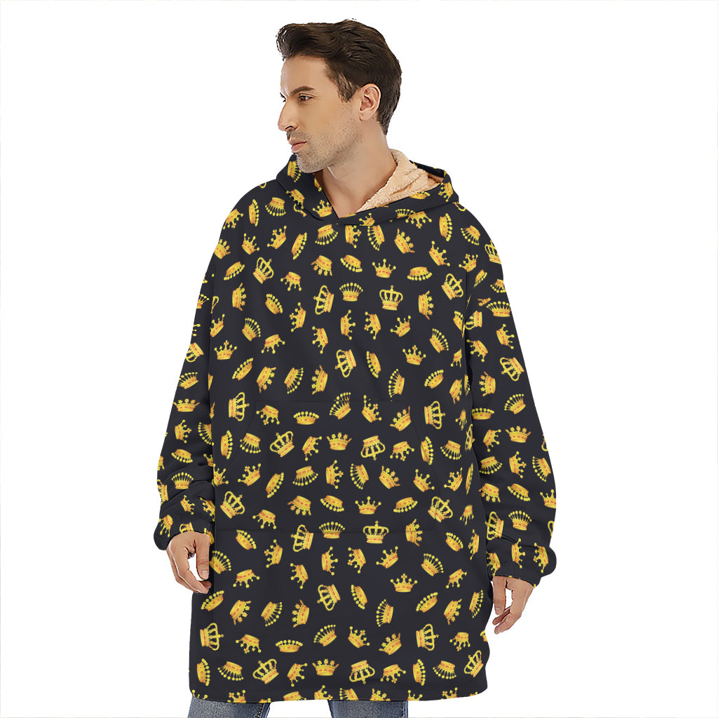 Gold Crown Pattern Print Hoodie Blanket
