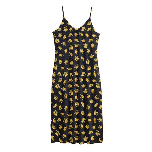 Gold Crown Pattern Print Jersey Midi Cami Dress