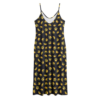 Gold Crown Pattern Print Jersey Midi Cami Dress
