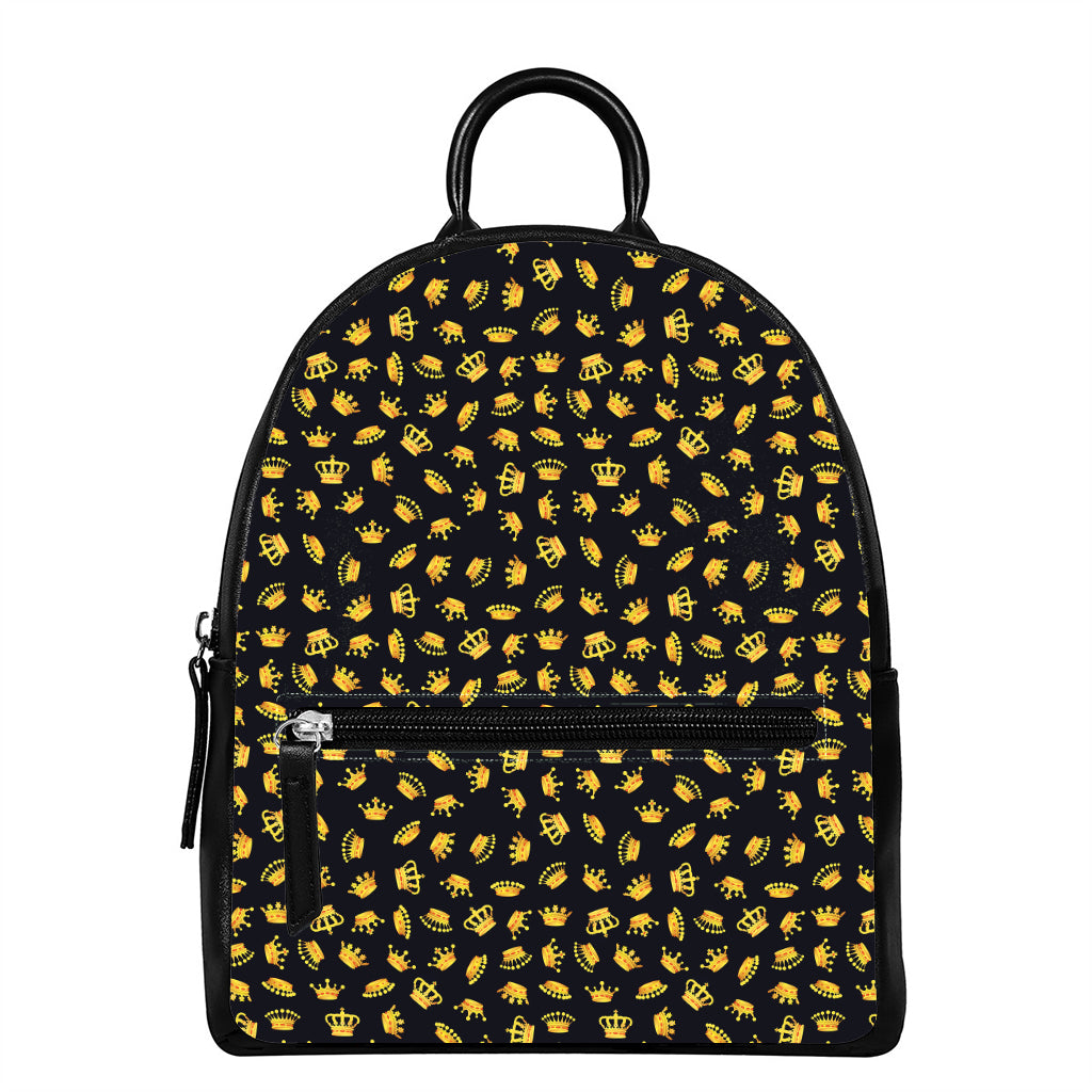Gold Crown Pattern Print Leather Backpack