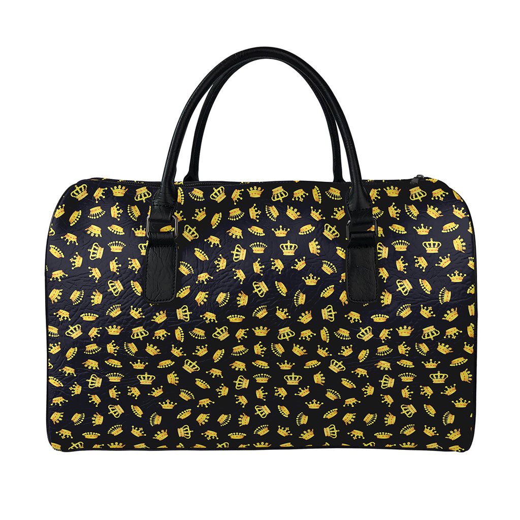 Gold Crown Pattern Print Leather Duffle Bag
