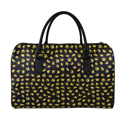 Gold Crown Pattern Print Leather Duffle Bag