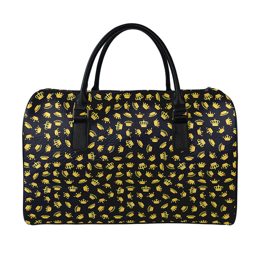 Gold Crown Pattern Print Leather Duffle Bag
