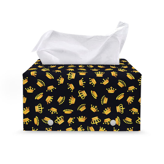 Gold Crown Pattern Print Leather Tissue Box Cover