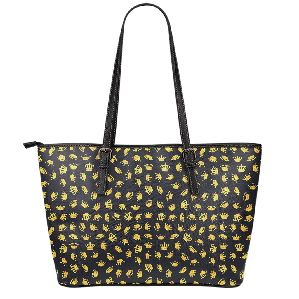 Gold Crown Pattern Print Leather Tote Bag